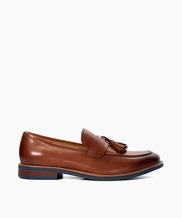 dune london Simley - Tan Leather Contrast Sole Tassel Loafers