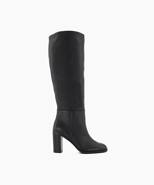 dune london Sisily - Black Block-Heeled Leather Knee-High Boots