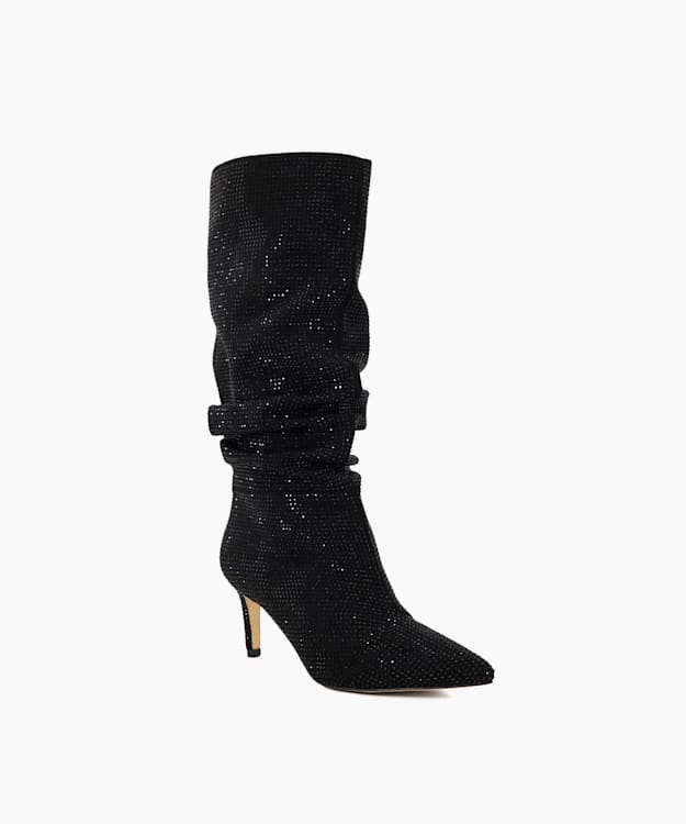 Dune London Slouch - Black Diamante Ruched Calf-Length Boots