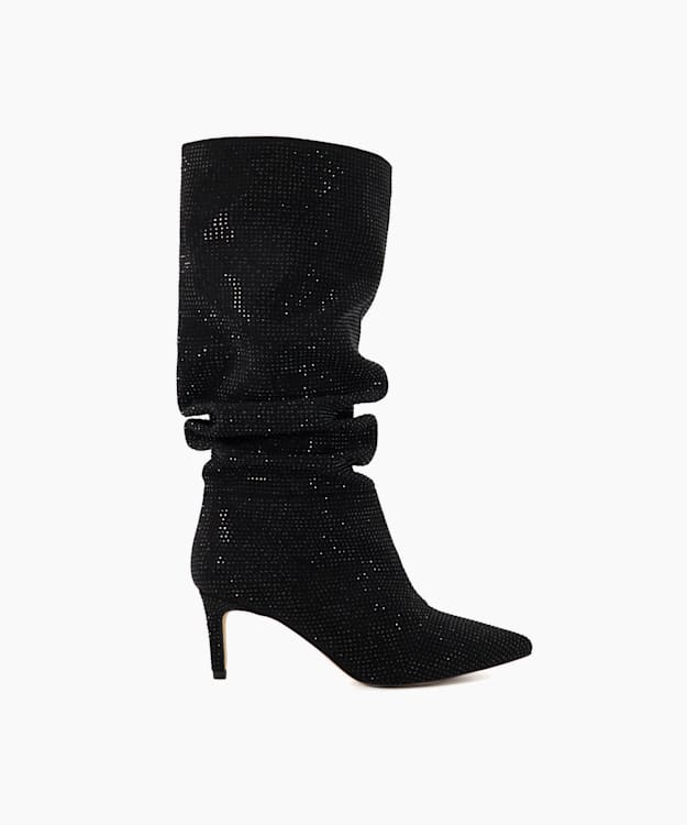 dune london Slouch - Black Diamante Ruched Calf-Length Boots