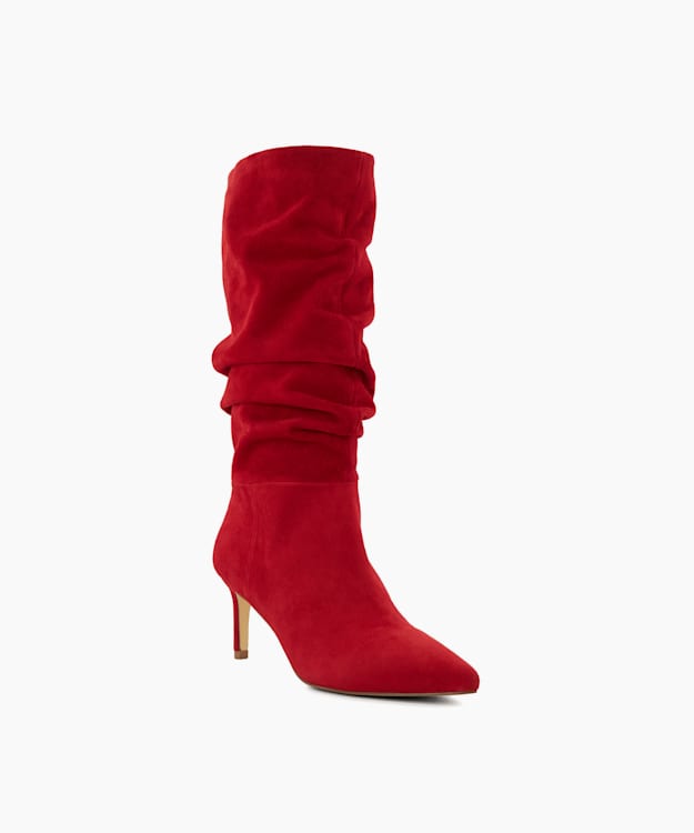 Dune London Slouch - Red Ruched Suede Stiletto Calf-Length Boots