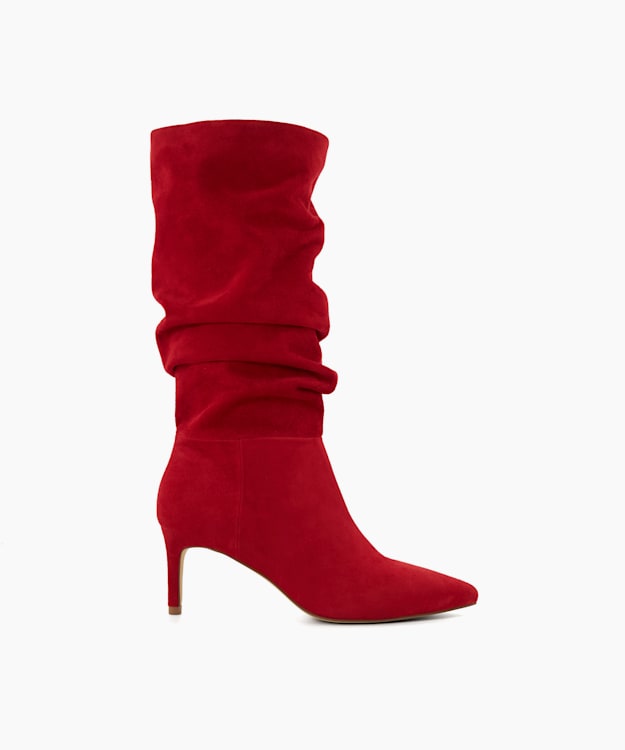 dune london Slouch - Red Ruched Suede Stiletto Calf-Length Boots