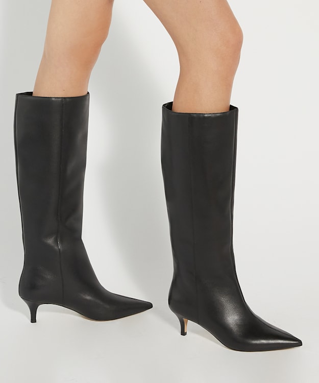 Dune London Smooth - Black Kitten Heeled Leather Knee High Boots