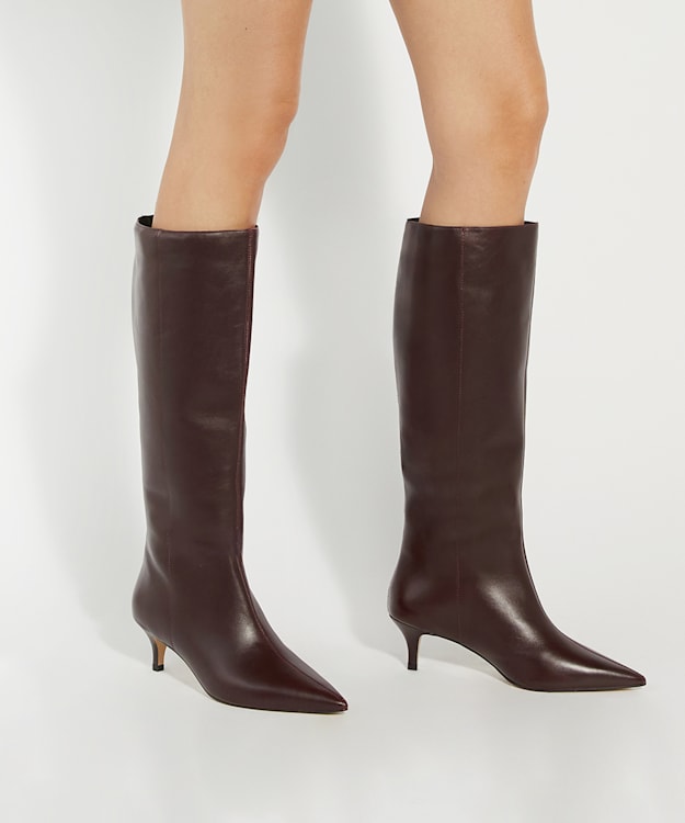 Dune London Smooth - Dark Red Kitten-Heeled Knee-High Boots