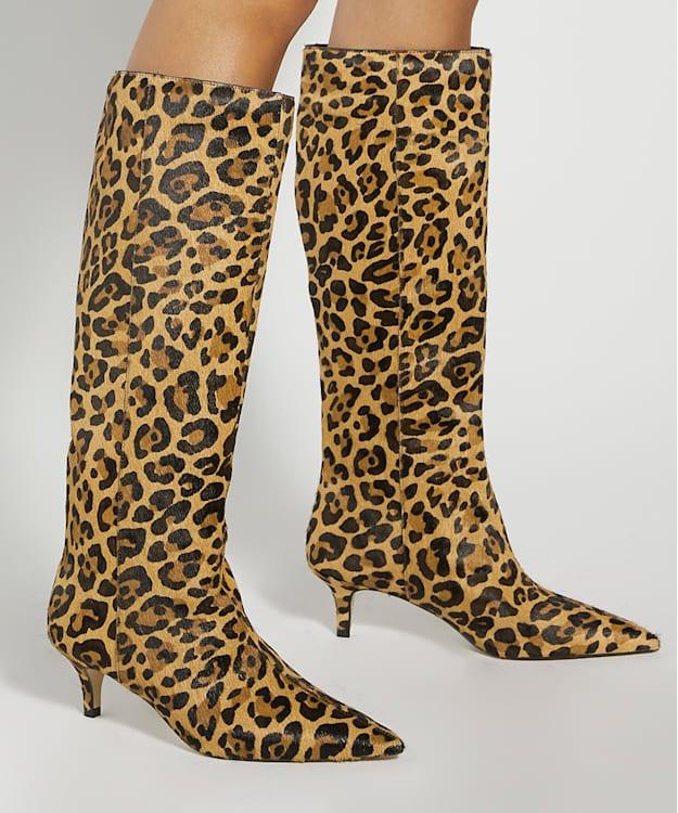 Dune London Smooth - Leopard Kitten-Heeled Knee-High Boots