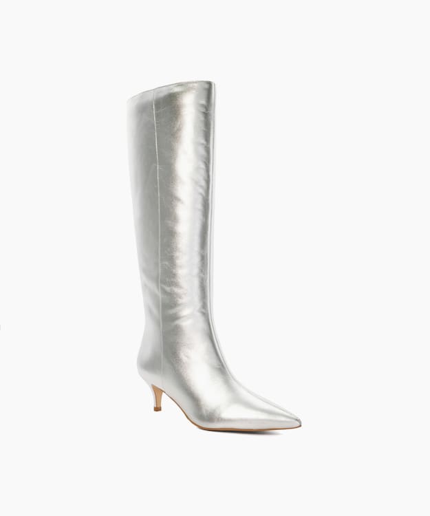 Dune London Smooth - Silver Kitten-Heeled Knee-High Boots