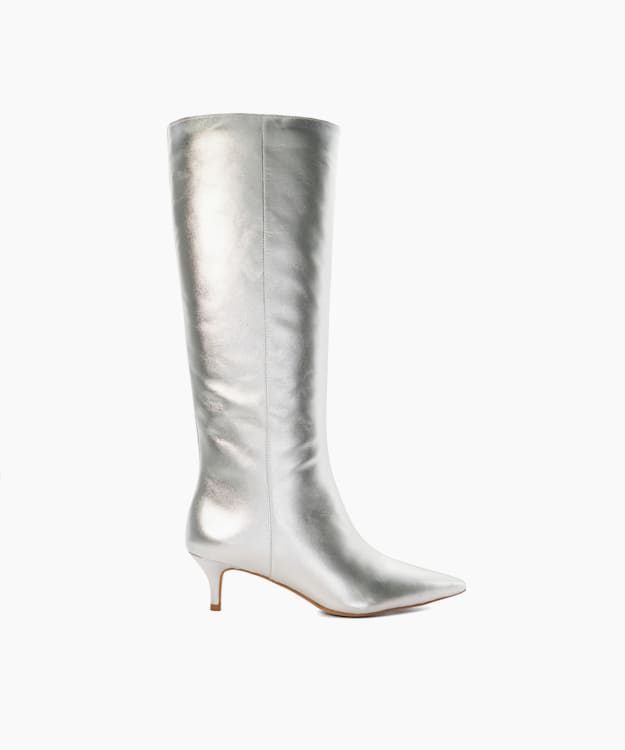 dune london Smooth - Silver Kitten-Heeled Knee-High Boots