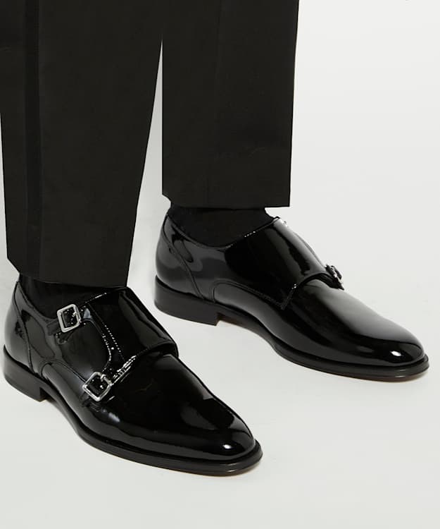 Dune London Sono - Black Premium Patent Double Strap Monk Shoes