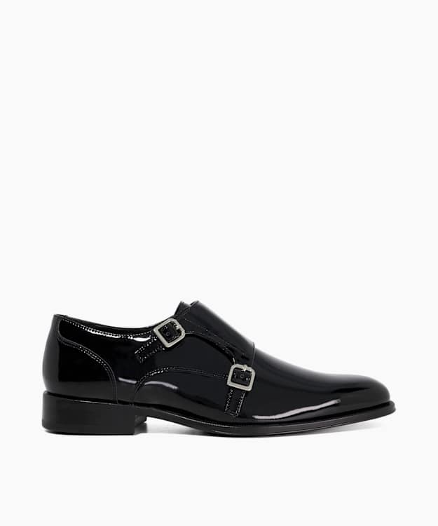 dune london Sono - Black Premium Patent Double Strap Monk Shoes