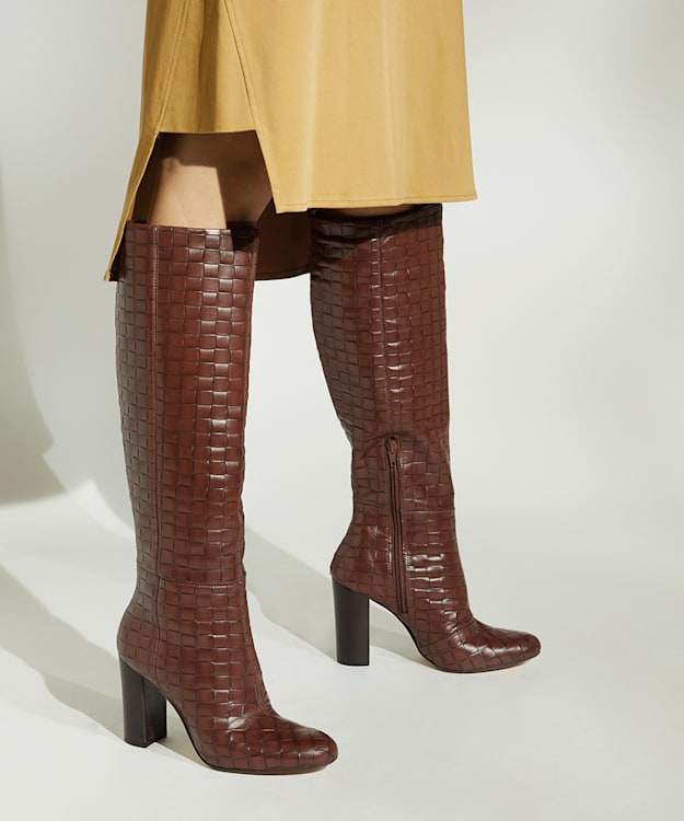 Dune London Sonoma - Tan Woven-Leather Knee-High Boots