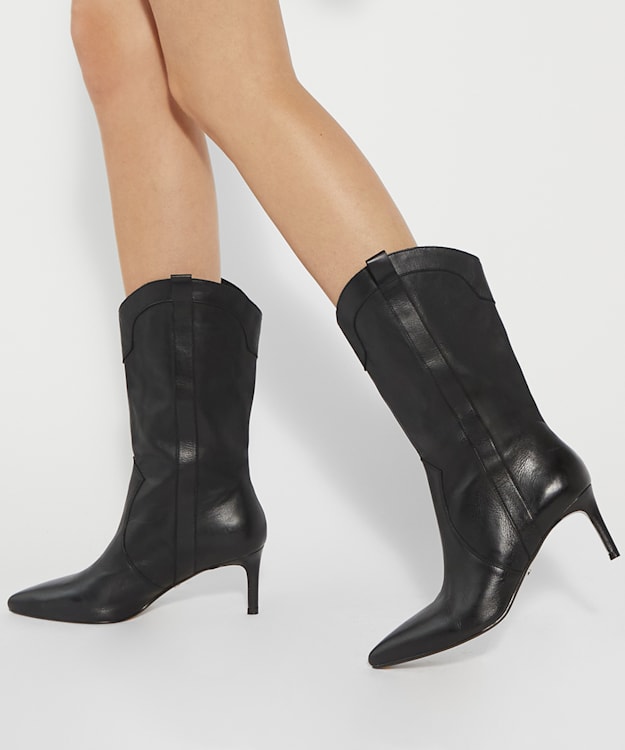 Dune London Sour - Black Pointed Toe Mid Calf Western Boots