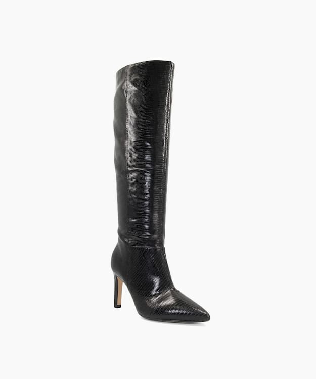 Dune London Spice - Black Pointed Stiletto Knee High Heeled Boots