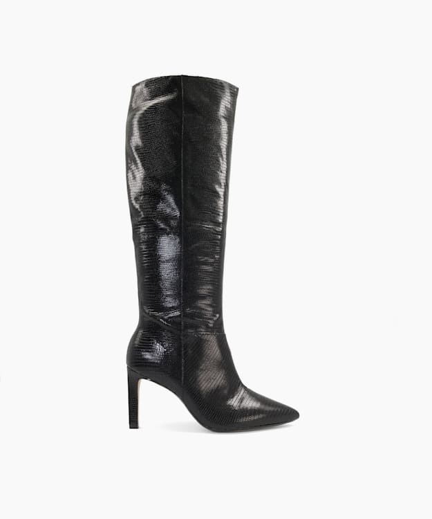dune london Spice - Black Pointed Stiletto Knee High Heeled Boots