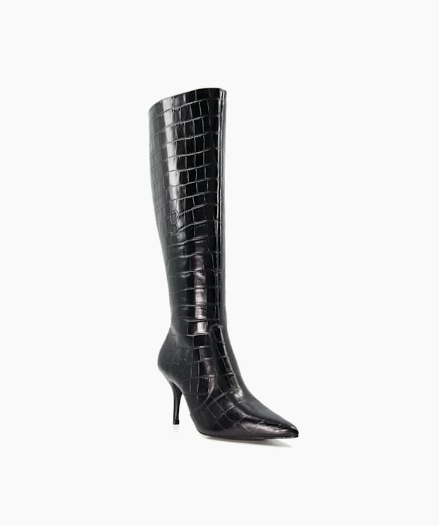 Dune London Spritz - Black Croc-effect Leather Knee-High Boots