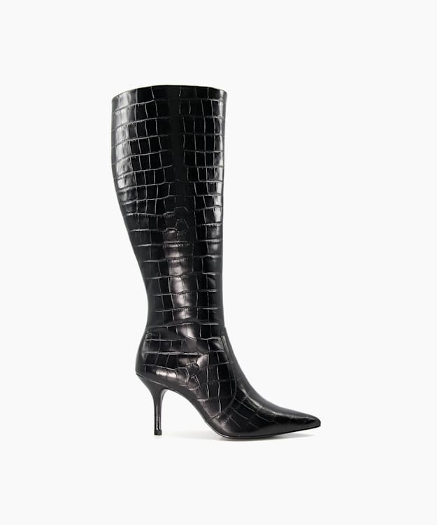 dune london Spritz - Black Croc-effect Leather Knee-High Boots
