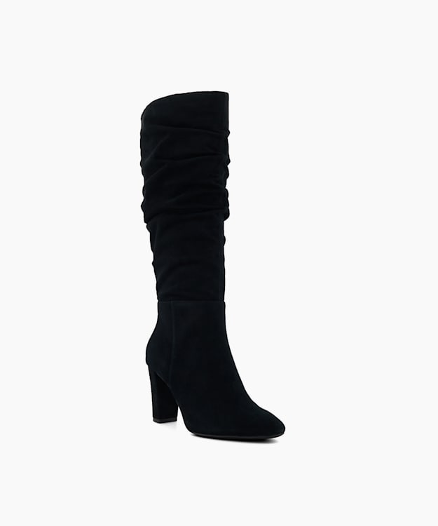 Dune London Stigma - Black Ruched Block-Heeled Suede Knee-High Boots