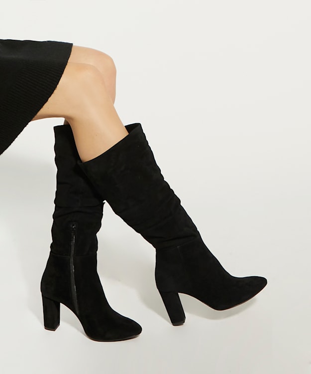 Dune London Stigma - Black Ruched Block-Heeled Suede Knee-High Boots