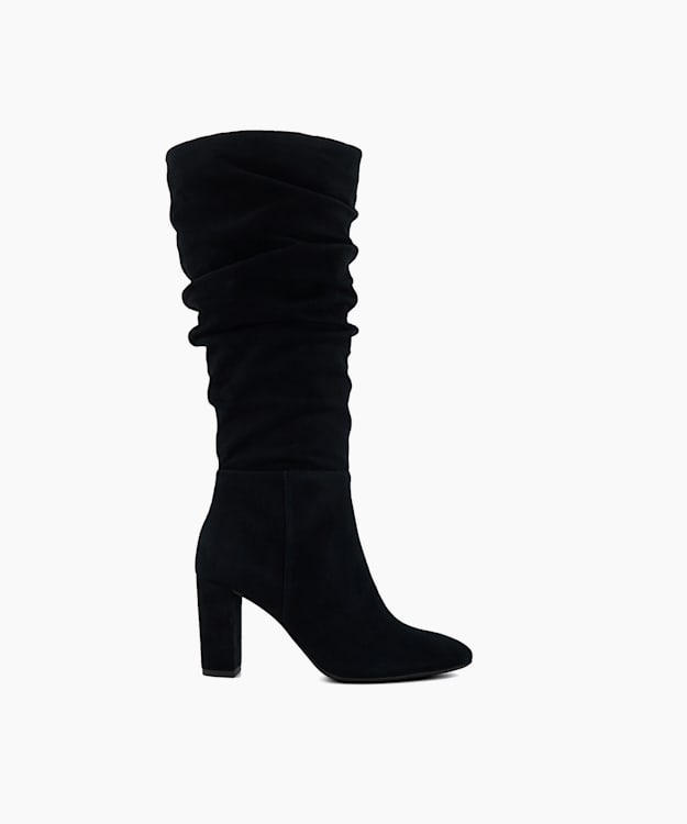 dune london Stigma - Black Ruched Block-Heeled Suede Knee-High Boots