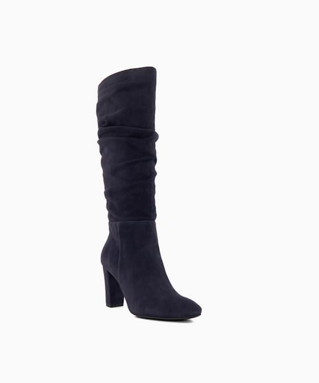 Dune London Stigma - Navy Ruched Block-Heel Suede Knee-High Boots