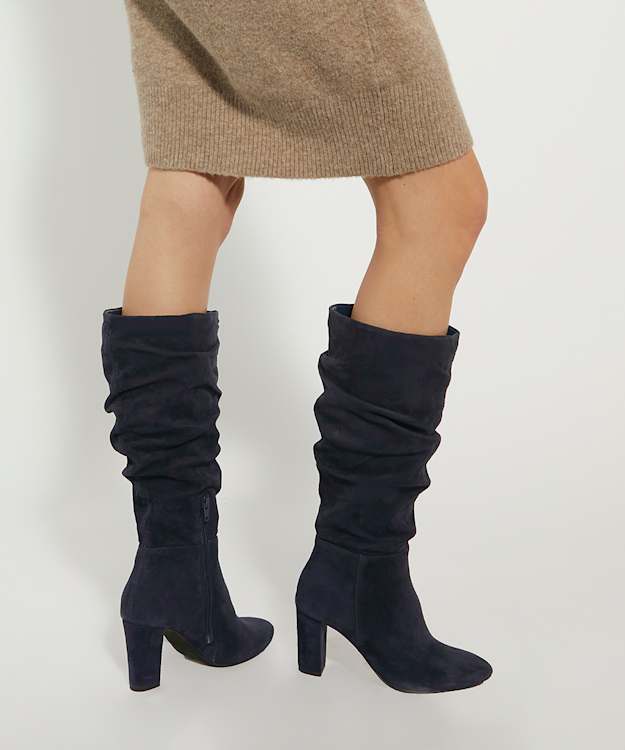 Dune London Stigma - Navy Ruched Block-Heel Suede Knee-High Boots