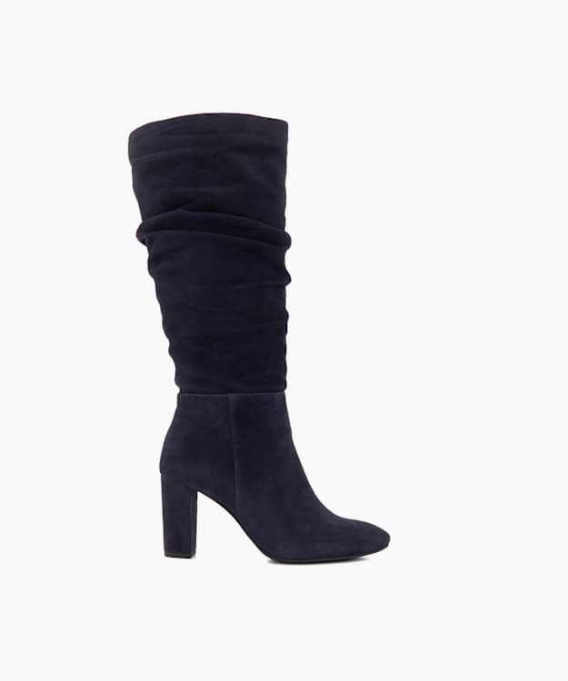 dune london Stigma - Navy Ruched Block-Heel Suede Knee-High Boots