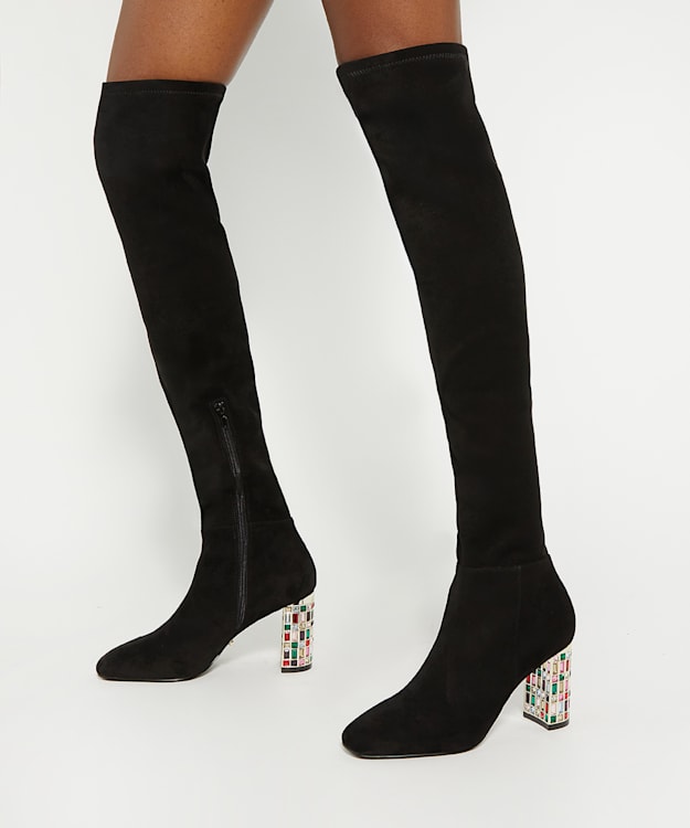 Dune London Stylish - Black Over The Knee Jewel Heel Boots