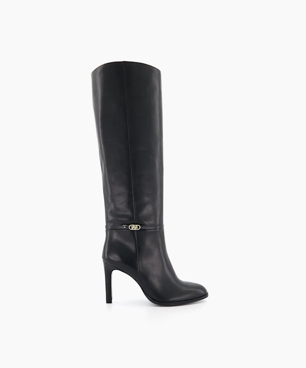 dune london Symbolic - Black Heeled Leather Knee-High Boots