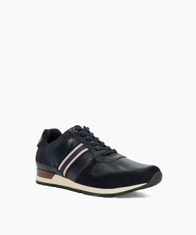Dune London Talay - Navy Leather Trainers With Canvas Stripe