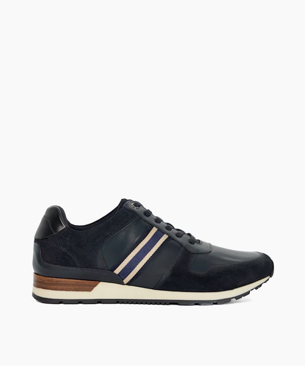 dune london Talay - Navy Leather Trainers With Canvas Stripe