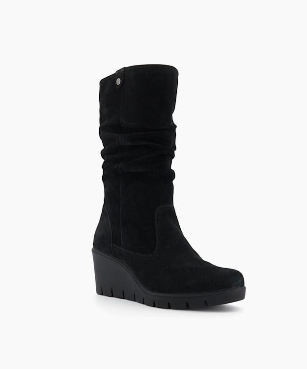 Dune London Tasha - Black Ruched Suede Cleated-Wedge-Heel Boots