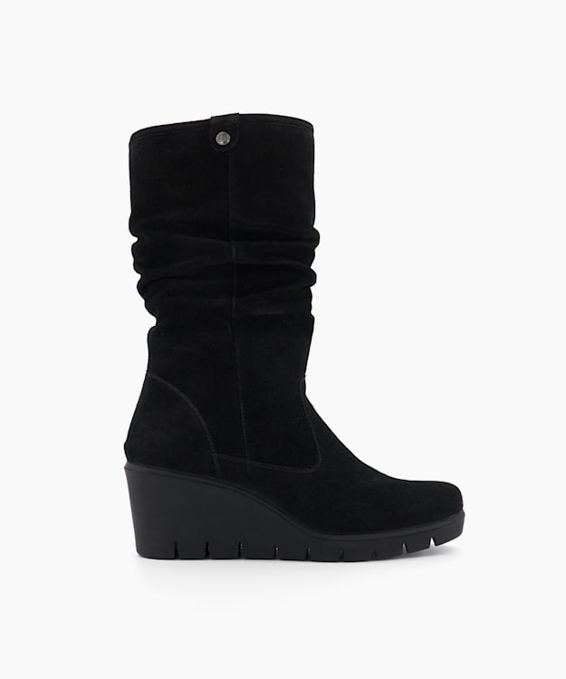 dune london Tasha - Black Ruched Suede Cleated-Wedge-Heel Boots