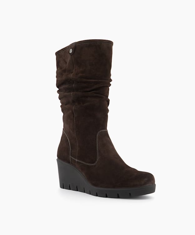 Dune London Tasha - Brown Ruched Suede Cleated-Wedge-Heel Boots