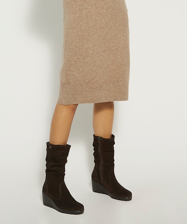 Dune London Tasha - Brown Ruched Suede Cleated-Wedge-Heel Boots