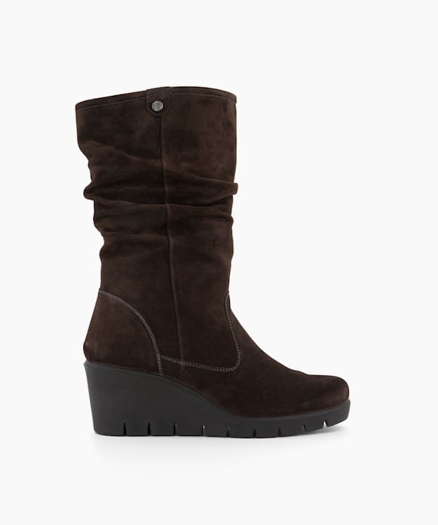 dune london Tasha - Brown Ruched Suede Cleated-Wedge-Heel Boots
