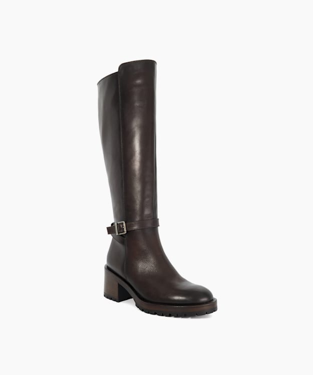 Dune London Tassie - Brown Knee High Block Heel Buckle Boots
