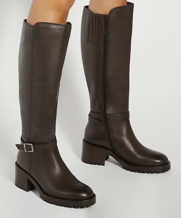 Dune London Tassie - Brown Knee High Block Heel Buckle Boots