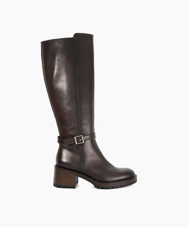 dune london Tassie - Brown Knee High Block Heel Buckle Boots
