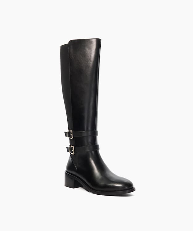 Dune London Tatter - Black Leather Knee High Riding Boots