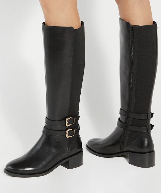Dune London Tatter - Black Leather Knee High Riding Boots