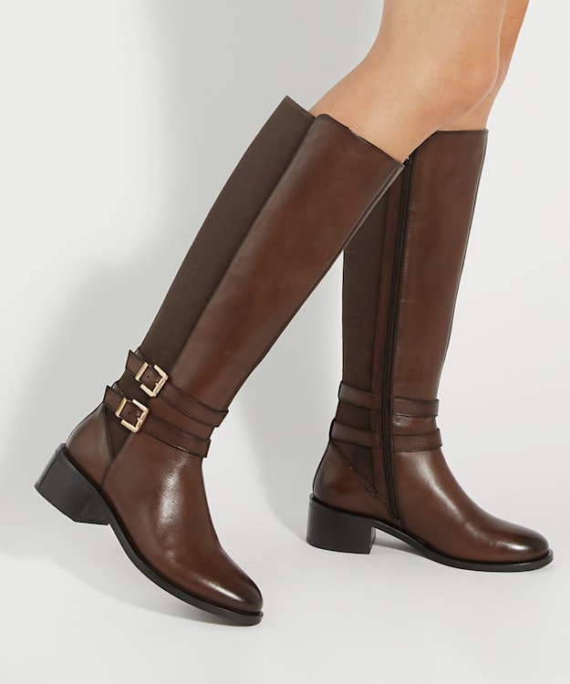 Dune London Tatter - Brown Leather Knee High Riding Boots