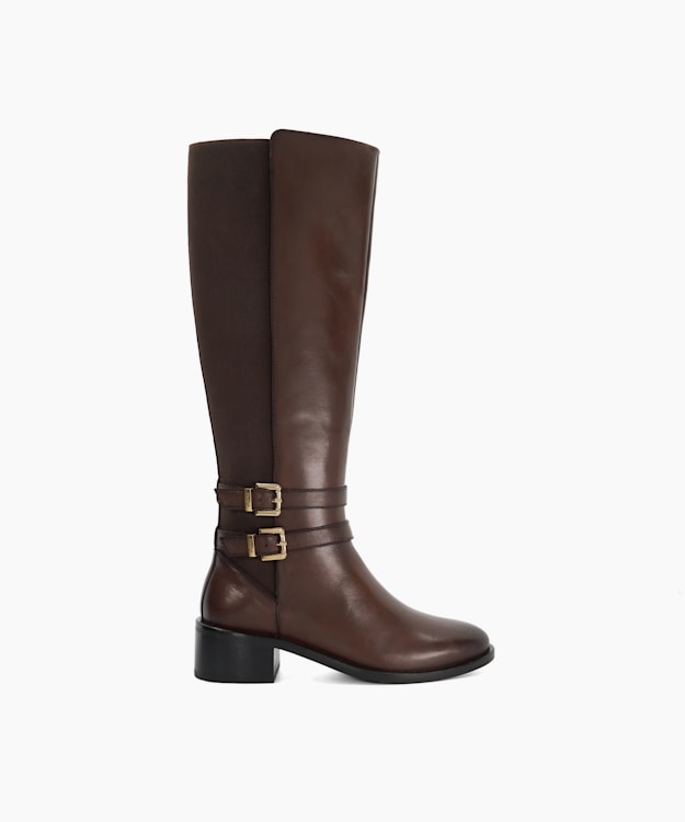 dune london Tatter - Brown Leather Knee High Riding Boots