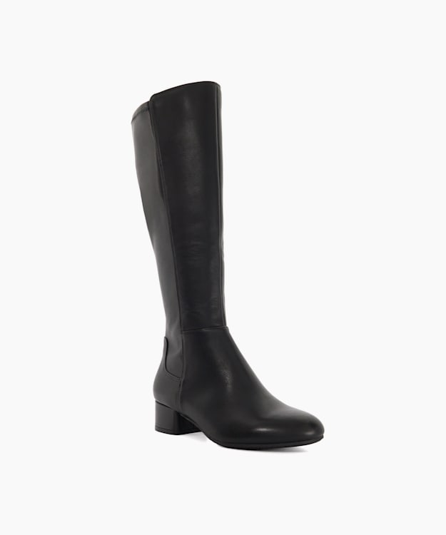 Dune London Tayla - Black Leather Wide Fit Stretch Knee-High Boots