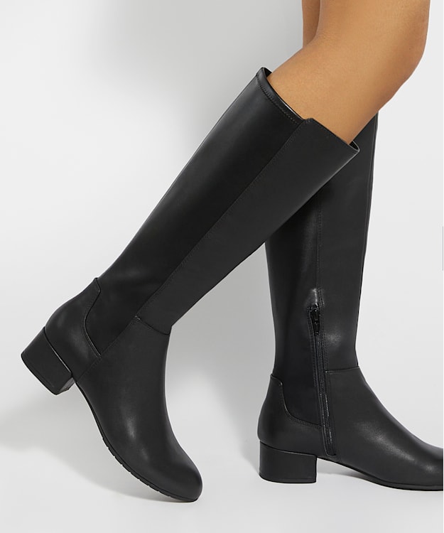 Dune London Tayla - Black Leather Wide Fit Stretch Knee-High Boots