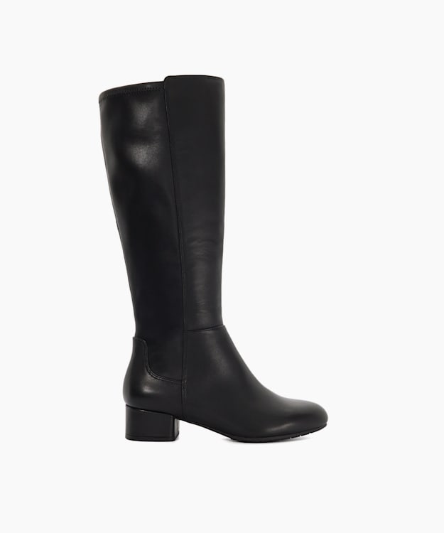 dune london Tayla - Black Leather Wide Fit Stretch Knee-High Boots
