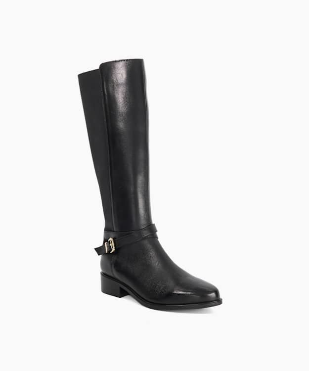 Dune London Teine - Black Leather Knee High Boots With Buckle Detail