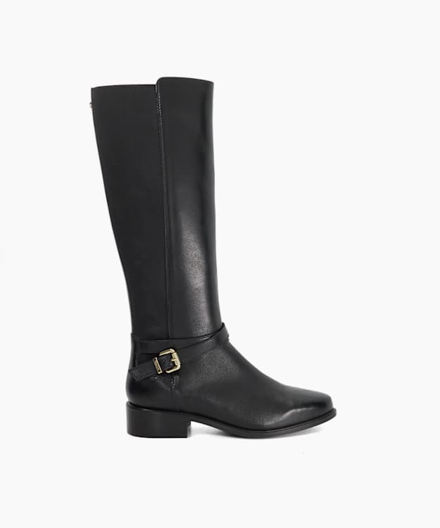 dune london Teine - Black Leather Knee High Boots With Buckle Detail