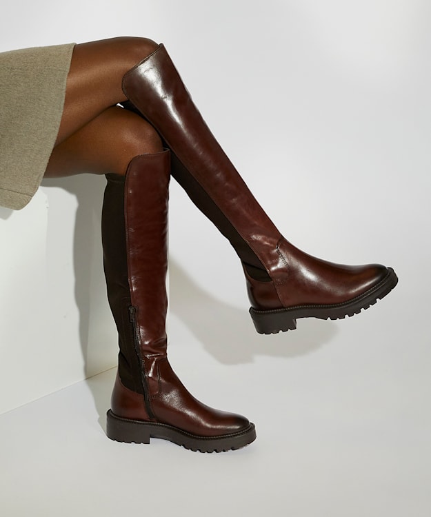 Dune London Tella - Brown Chunky Leather Knee-High Boots
