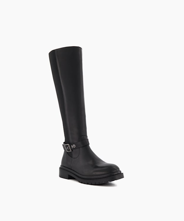 Dune London Teller - Black Buckle-Detail Leather Knee-High Boots
