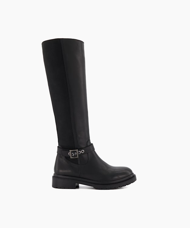 dune london Teller - Black Buckle-Detail Leather Knee-High Boots