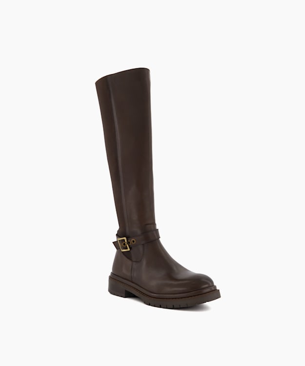 Dune London Teller - Brown Buckle-Detail Leather Knee-High Boots